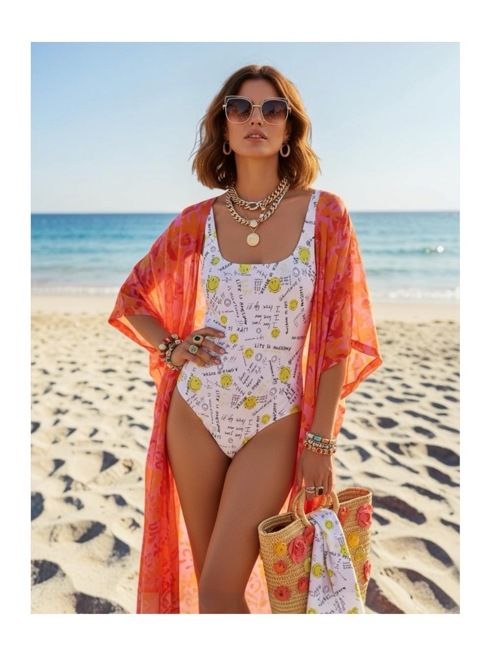 new Desigual x Smiley® ☻︎ One Piece Smiley Graffiti Swimsuit ☻ White ☻︎ Small
